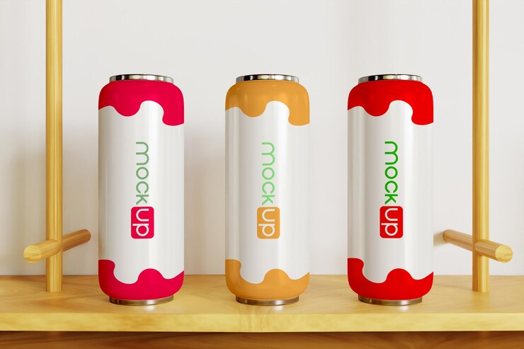 maqueta de tres latas de refresco blanco en el escritorio de madera