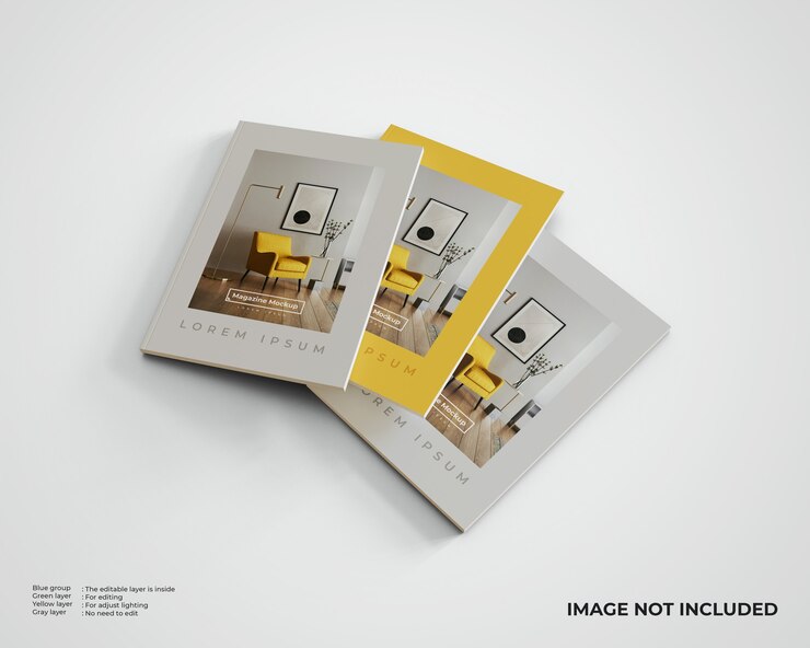 Maqueta de tres revistas editoriales. Vista superior