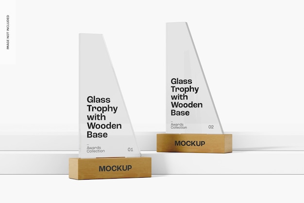 Maqueta de trofeos de vidrio con base de madera, vista izquierda y derecha