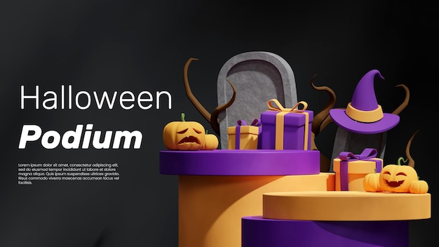 PSD maqueta vacía en 3d, podio morado y amarillo en caja de regalo paisajística y jack o'lantern