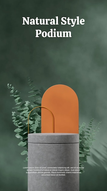 maqueta vacía podio de hormigón gris en retrato arco naranja hoja verde y oro imagen de renderizado 3d