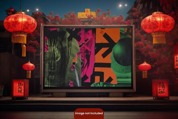 PSD maqueta de valla publicitaria psd estética con atmósfera de linterna china