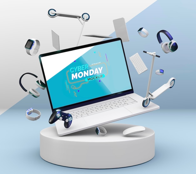 PSD maqueta de venta de laptop cyber monday con variedad de dispositivos diferentes