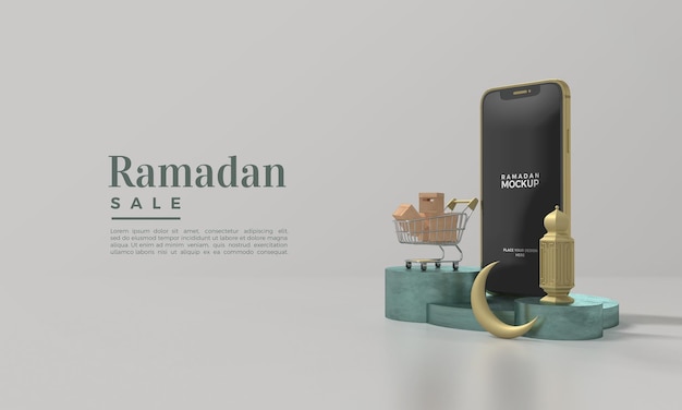 Maqueta de venta de ramadán con renderizado de ilustración de smartphone 3d