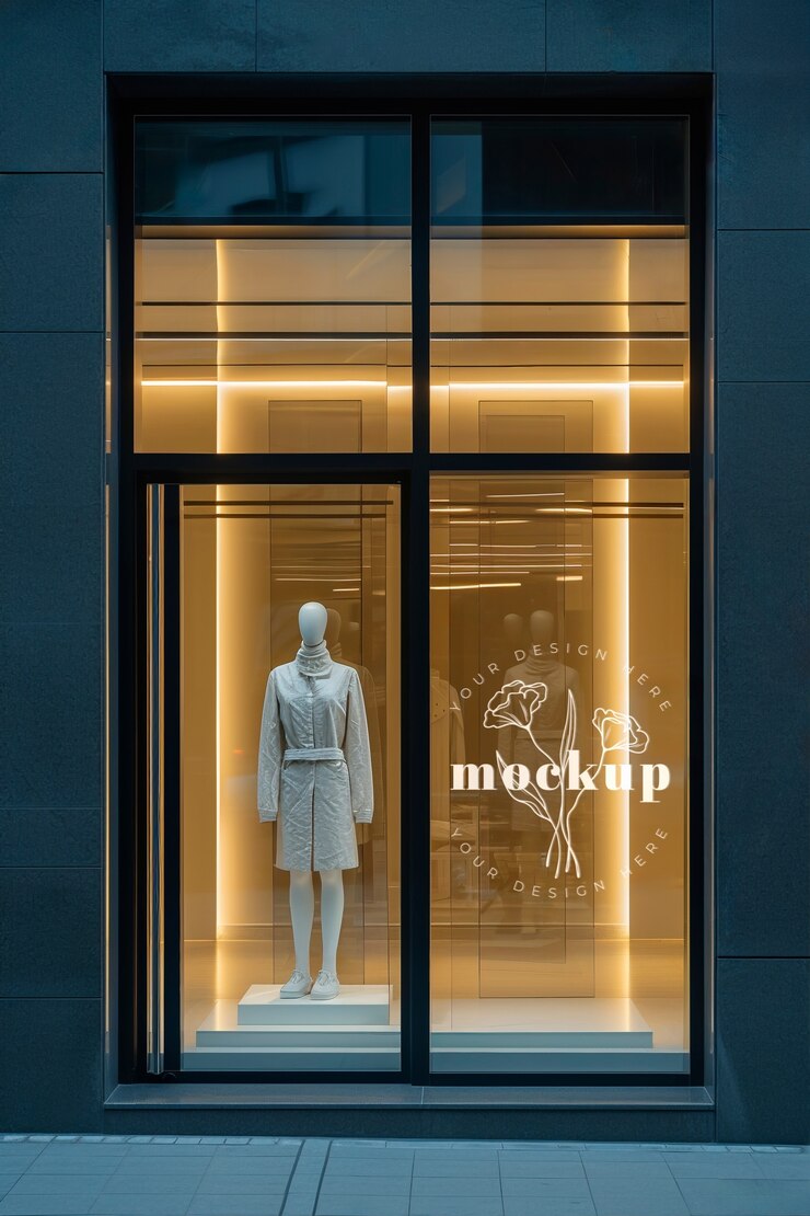 PSD maqueta de la ventana de una tienda de ropa