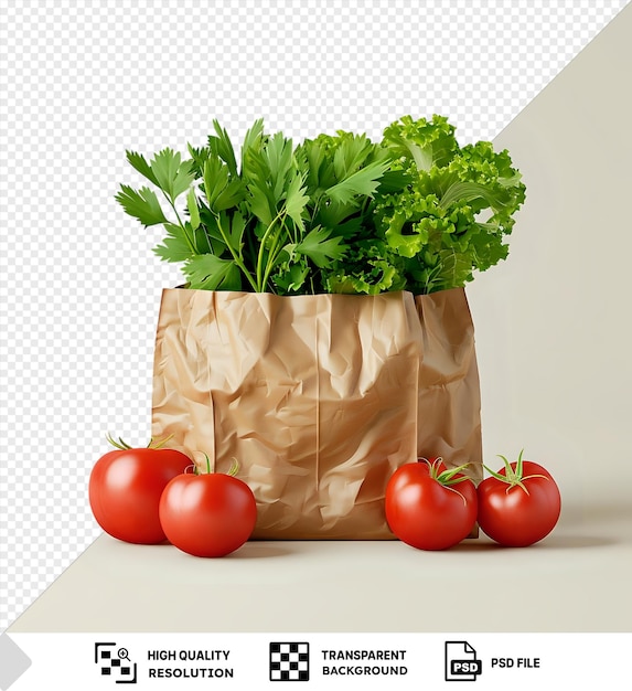 Maqueta de verduras frescas transparentes en bolsa de papel reciclable en pared blanca acompañada de un tomate rojo y una sombra oscura png psd