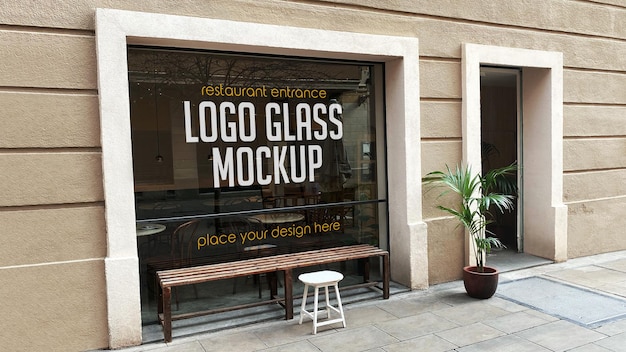 PSD maqueta de vidrio con logo de entrada de restaurante