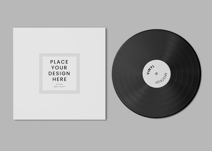 PSD maqueta de vinilo musical y disco de sello discográfico