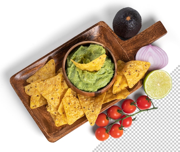 Maqueta de vista superior de un tazón con guacamole y nachos