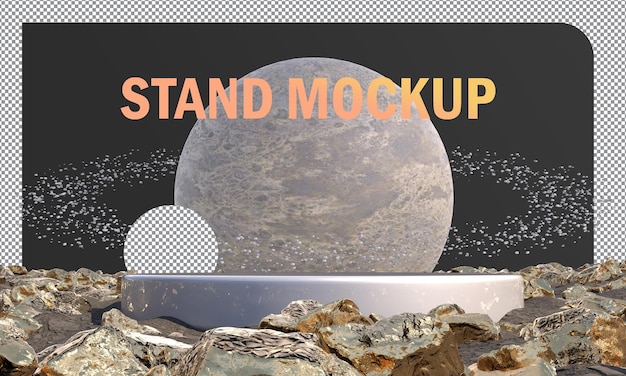 las maquetas abstractas se destacan en un círculo plateado rodeado de rocas doradas en el fondo de la luna