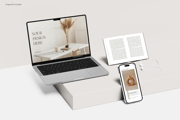 Maquetas de MacBook Pro con iPhone 14 Pro