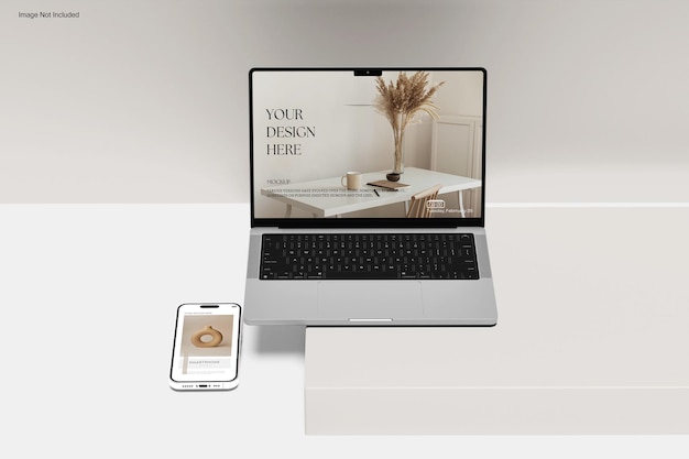 Maquetas de MacBook Pro con iPhone 14 Pro