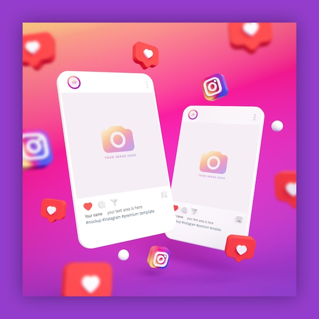 Maquetas de publicaciones de instagram 3d con iconos de corazón e instagram