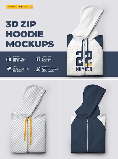 Maquetas de sudaderas con capucha y cremallera 3d. el diseño es fácil de personalizar las imágenes de diseño de sudadera con capucha (torso, capucha, manga, bolsillo, etiqueta), color de todos los elementos de la sudadera con capucha, textura jaspeada.