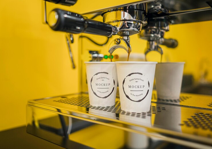 PSD maquetas de taza de café en máquina de espresso
