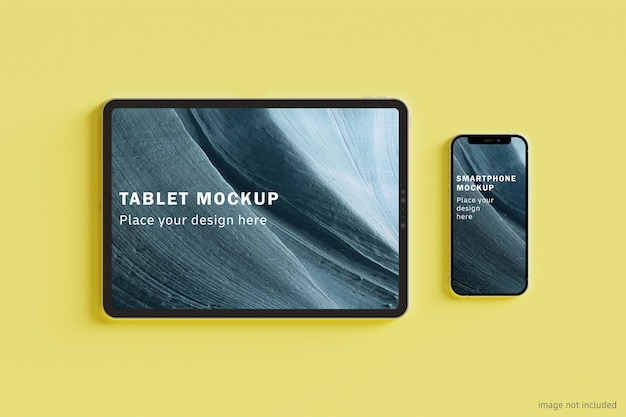 Maquetas de teléfonos inteligentes y tabletas PSD en pared de color - parte superior