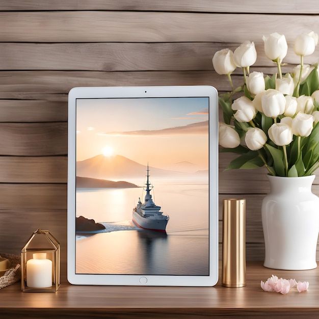 Maquete branca de exibição de tablet para computador digital colocada em uma mesa de madeira com vaso de flores