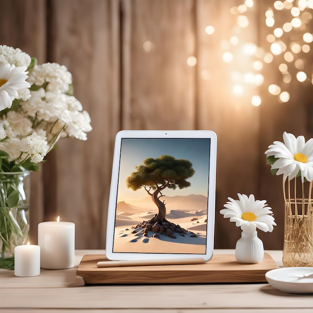 Maquete branca de exibição de tablet para computador digital colocada em uma mesa de madeira com vaso de flores