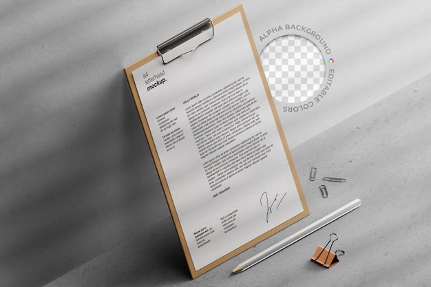 Maquete da área de transferência de arquivo de documento de papelaria de escritório a4 com arranjo de papelaria isométrico