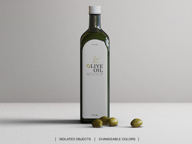 Maquete da garrafa de vidro de azeite de oliva com azeitonas