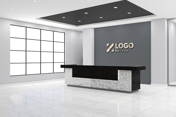 Maquete da mesa da recepção do escritório, design de interiores com vista lateral