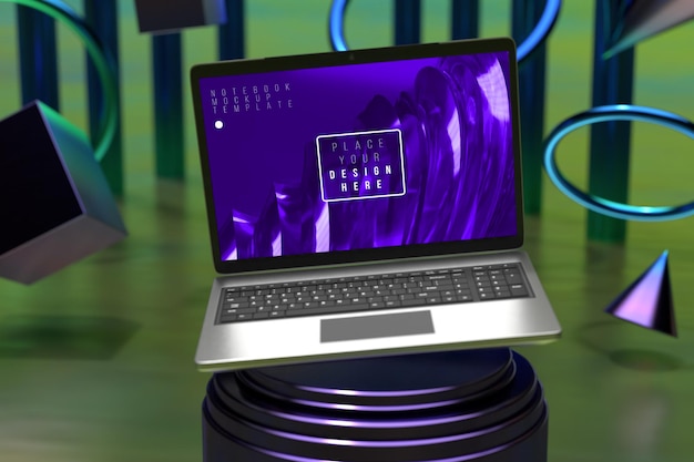 Maquete da tela do laptop acima do pedestal do cilindro triplo neon roxo com tela de apresentação do produto com fundo verde por renderização em 3D