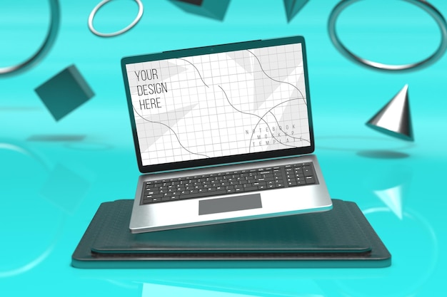 Maquete da tela do laptop acima do pedestal quadrado com fundo de formas geométricas 3D