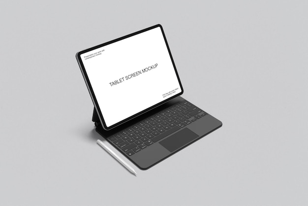 Maquete da tela do tablet com teclado inteligente e lápis