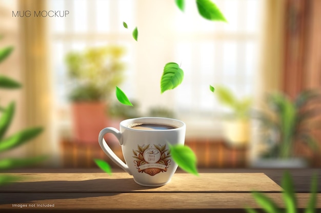 Maquete da xícara de café de uma caneca de chá quente perto de uma janela aberta ao fundo