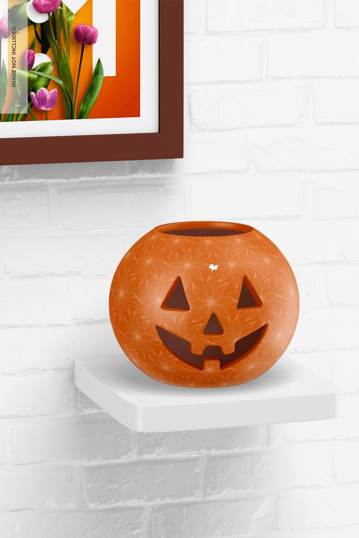 PSD maquete de abóbora de halloween em cerâmica, na prateleira