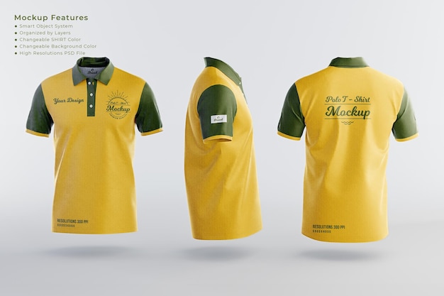 Maquete de apresentação da camisa polo men039s frente traseira e vista lateral