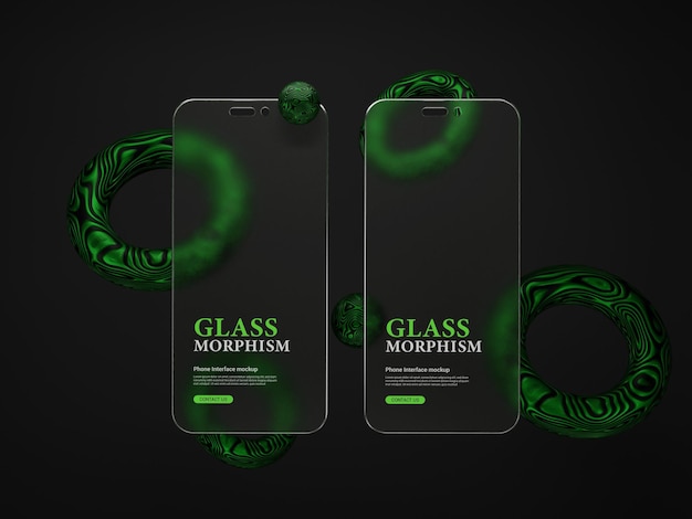 Maquete de apresentação de interface de telefone móvel com efeitos de morfismo de vidro fosco 3d renderizado
