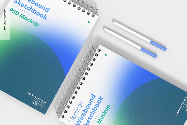 Maquete de caderno de desenho Wirebound vertical, close-up