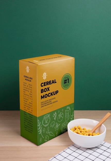 PSD maquete de caixa de cereal de café da manhã na mesa
