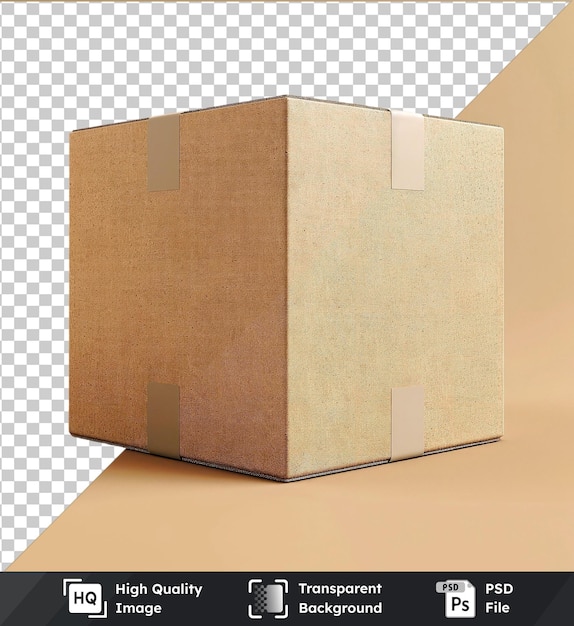 PSD maquete de caixa de envio de papelão transparente em um fundo bege com uma pequena ventilação branca e uma parede castanha com uma sombra escura em primeiro plano