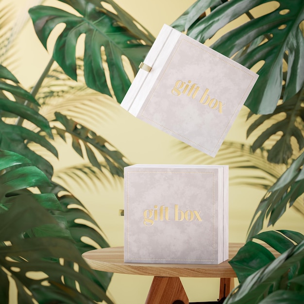 Maquete de caixa de joias de presente branco em fundo tropical levitando para renderização em 3d de marca
