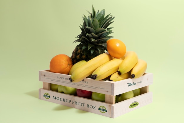 Maquete de caixa de madeira com variedade de frutas exóticas