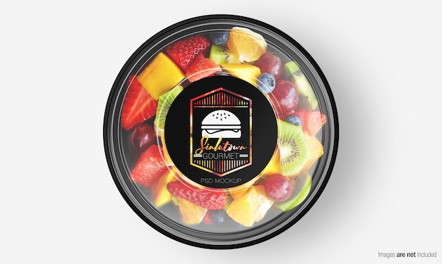Maquete de caixa de salada com etiqueta na salada de frutas