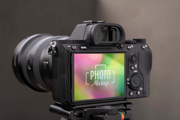 PSD maquete de câmera fotográfica profissional de vista lateral