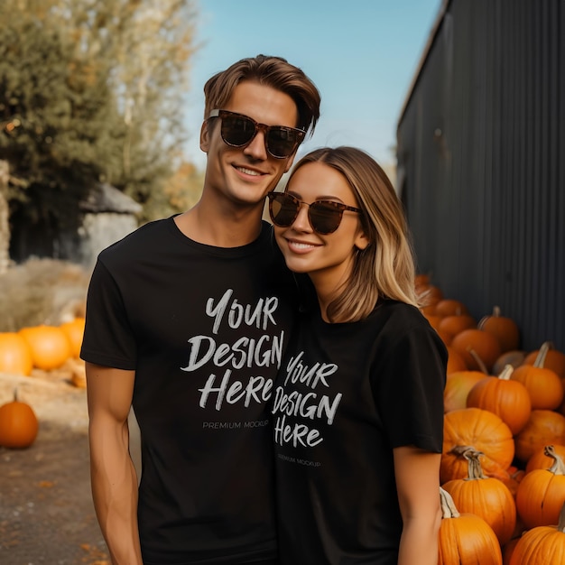 Maquete de camiseta preta com um casal feliz vestindo roupas de casal