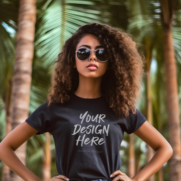 Maquete de camiseta preta jovem e bonita em fundo tropical