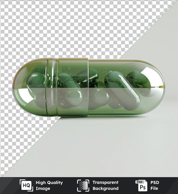 PSD maquete de cápsulas medicinais verdes num recipiente de vidro sobre um fundo transparente contra uma parede branca com uma sombra preta em primeiro plano