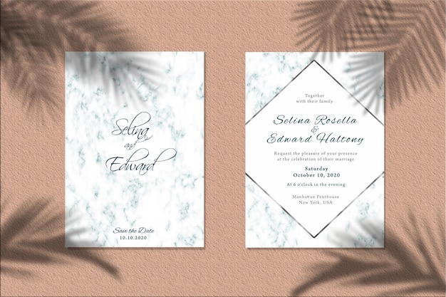 Maquete de cartão de convite com sombra de folhas de palmeira