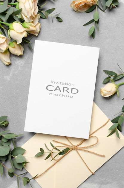 PSD maquete de cartão de convite de casamento com flores de envelope e rosas