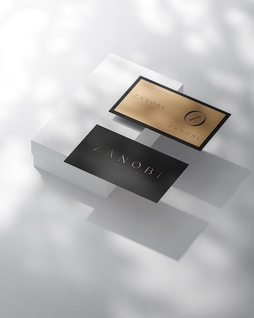 Maquete de cartão de negócios moderno de luxo preto e dourado flutuando para renderização 3d de identidade de marca