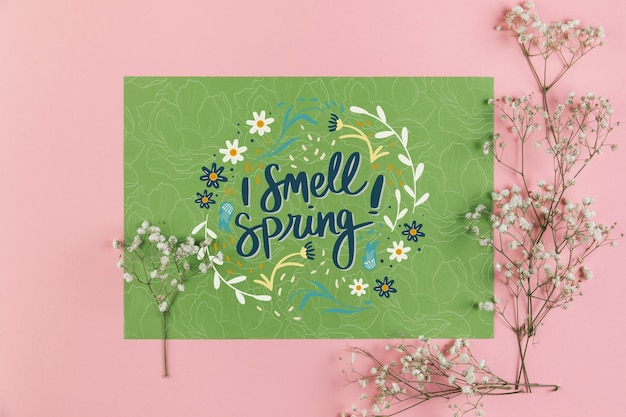 PSD maquete de cartão de papel plana leigos com conceito de primavera
