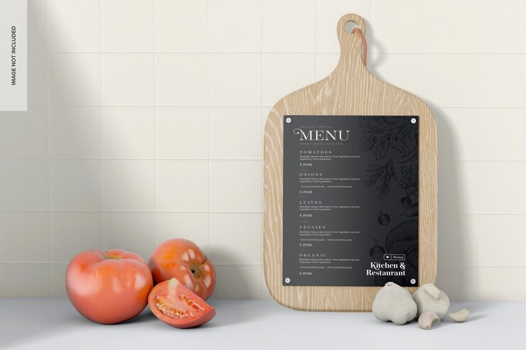 Maquete de cena de menu de tábua de corte inclinada