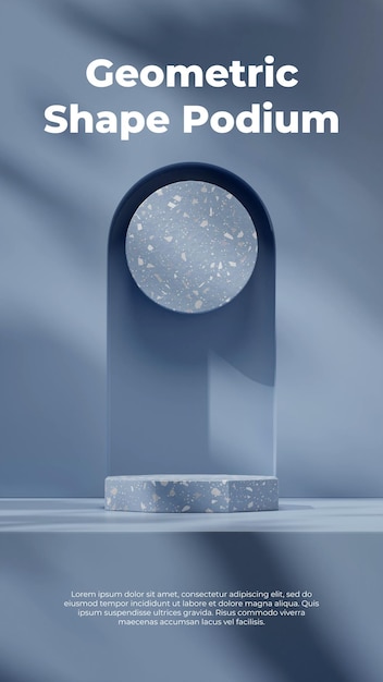 Maquete de cena de renderização 3d vazia de cor azul do produto de pódio em retrato com arco e terrazzo