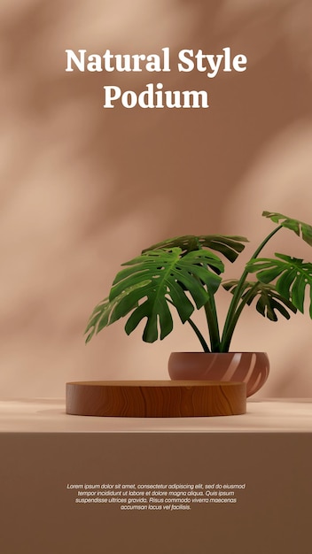 Maquete de cena do pódio de cilindro de madeira em retrato com monstera na planta de casa de maconha, renderização em 3d