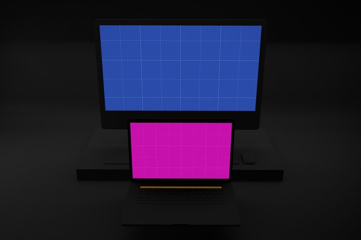 PSD maquete de computador e laptop escuro